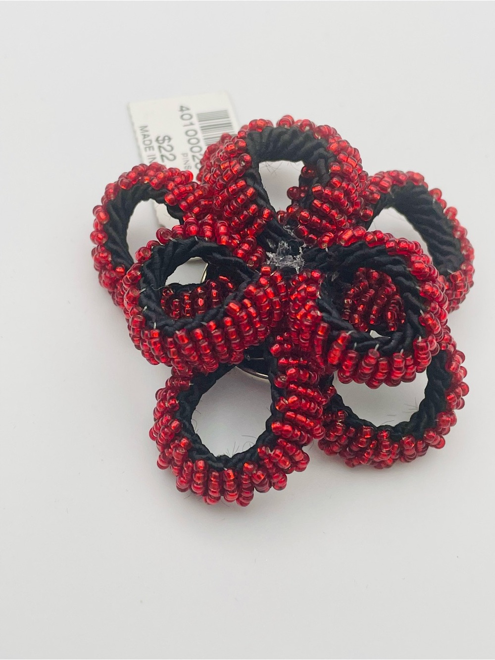 Chico's Red and Black Beaded Flower Brooch with 7 Petals